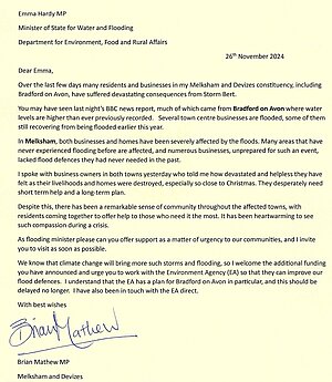 Letter to the minister for flooding