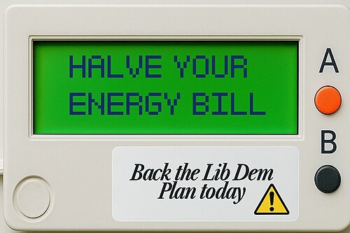 Mock-up energy meter reading "Halve your energy bill - back the Lib Dem plan today"