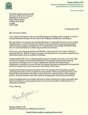 Letter about Driving tests